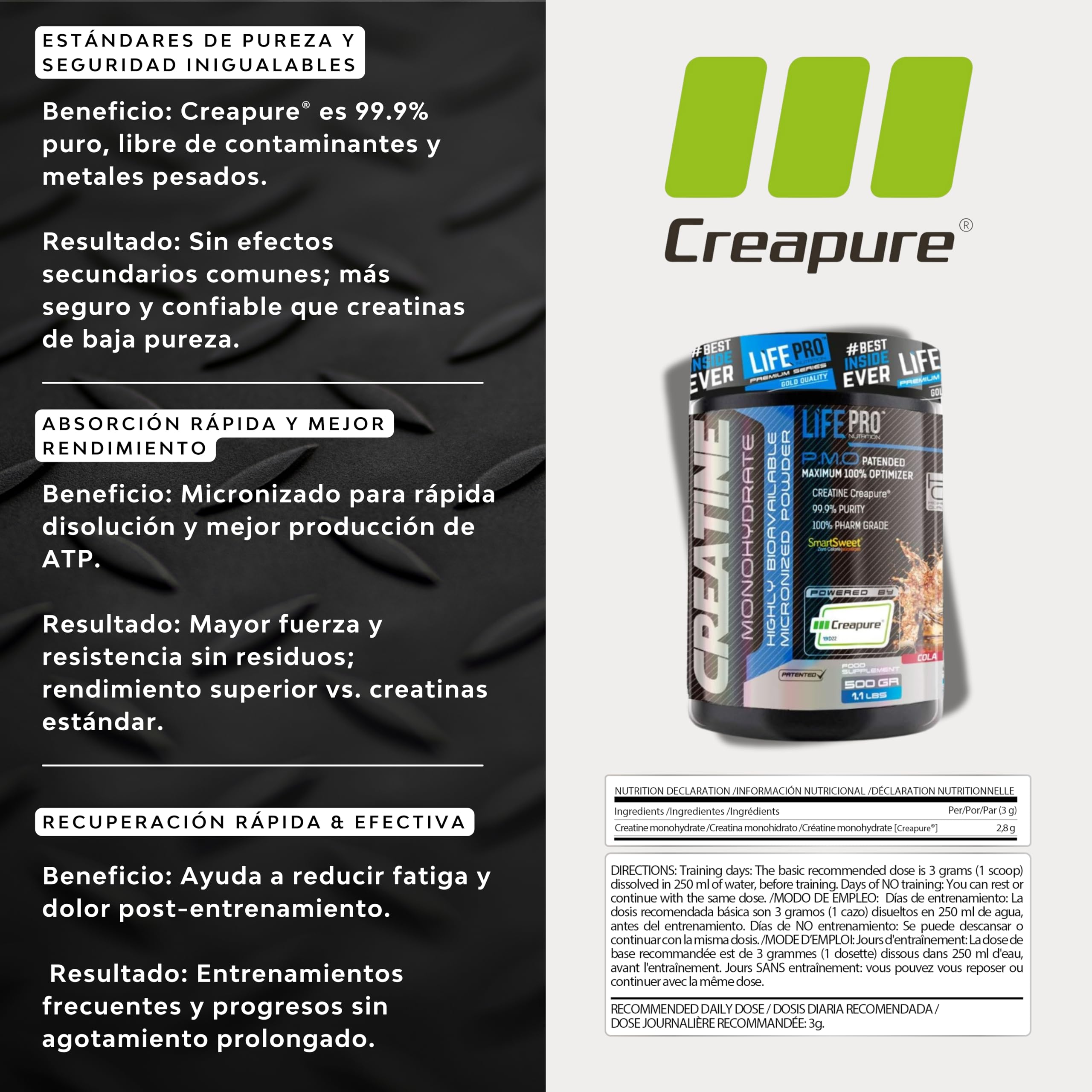 Life Pro Creatine Creapure 500g | Creatina Creapure en Polvo | Sello de Calidad Garantizada (COLA)