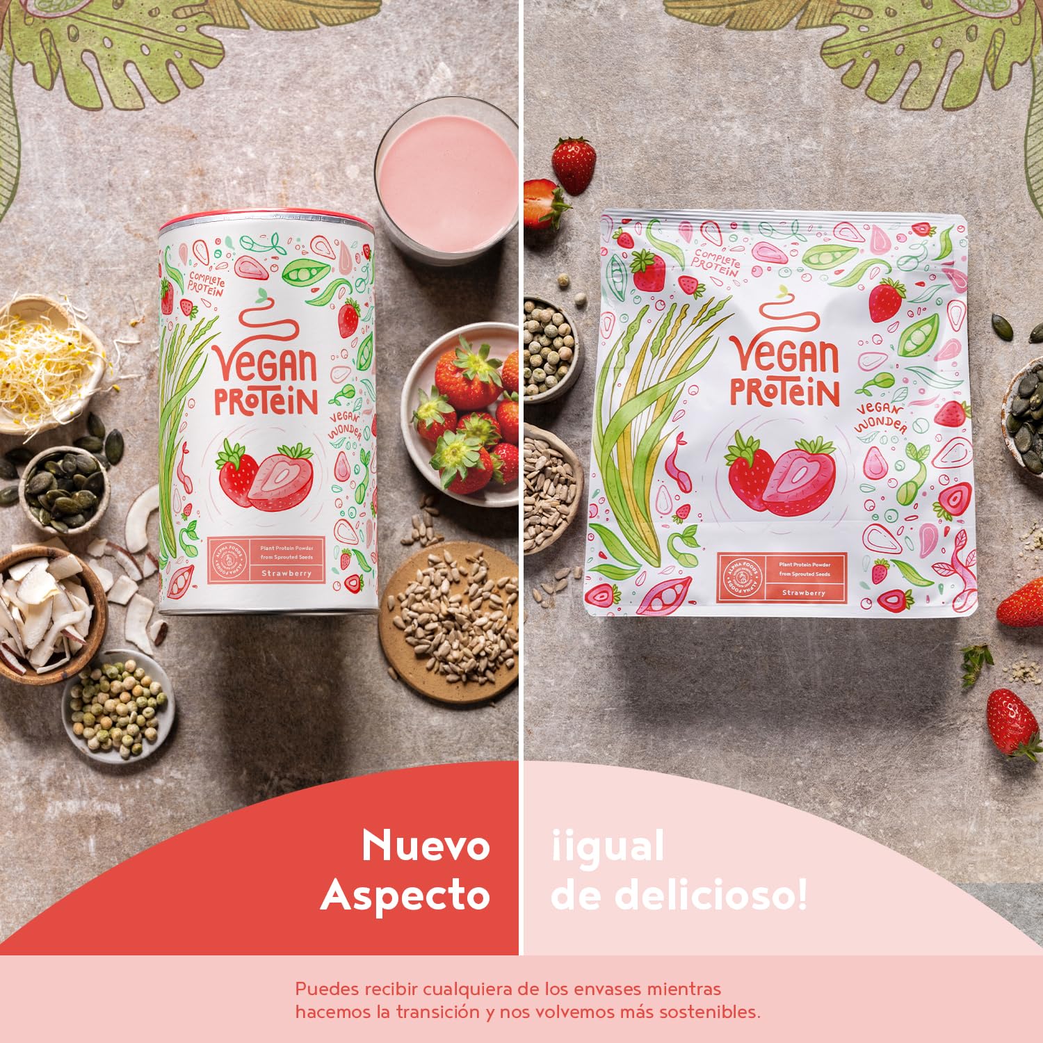 Proteína Vegana en Polvo | Sabor Fresa | 100% Proteina Vegana | 18g dosis Vegan Protein Powder de Guisante, Arroz y Girasol | Proteína Aislada para Masa Muscular | 600g | Alpha Foods