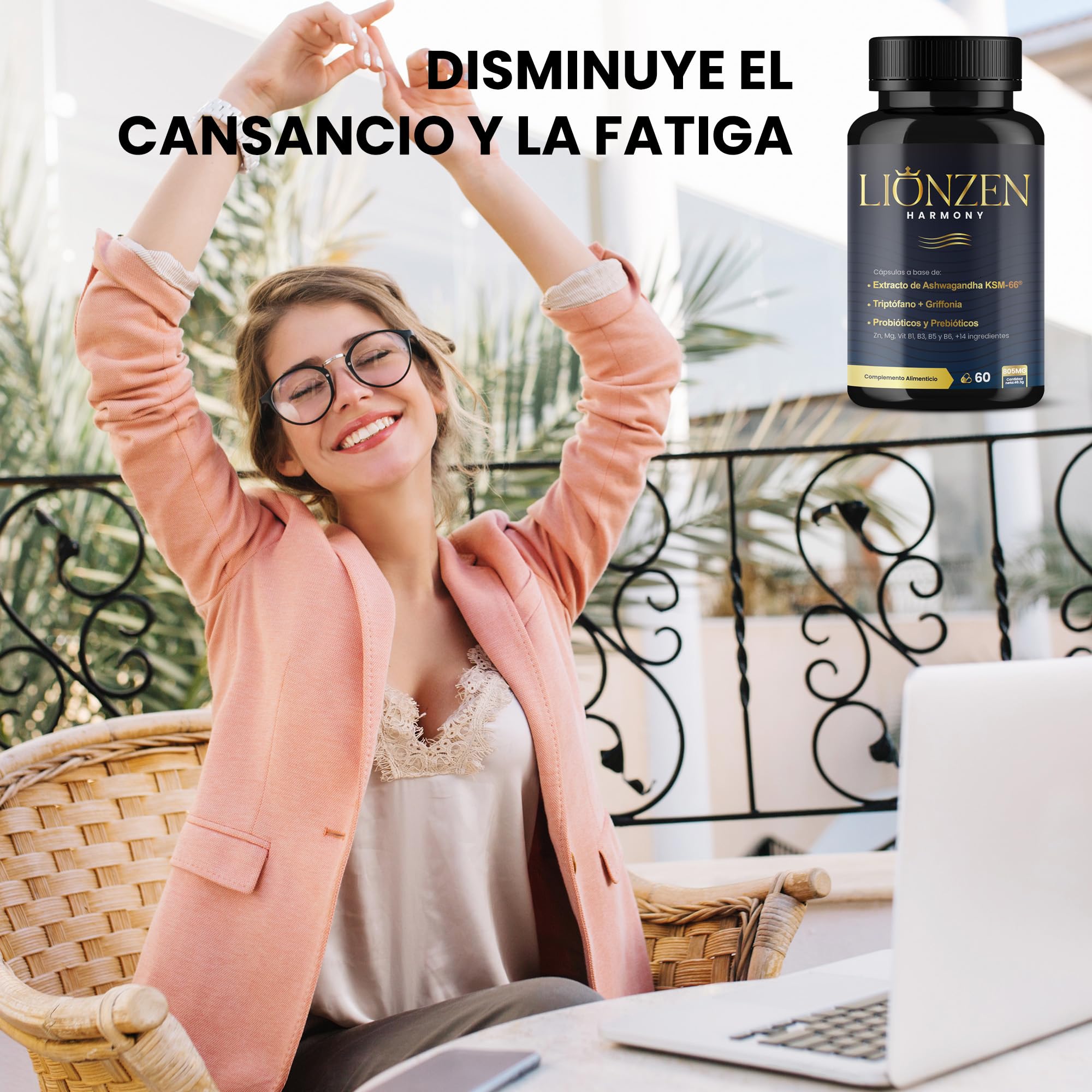 Ashwagandha KSM-66® 600mg | +14 ingredientes antiestrés, Cortisol | Bienestar, Descanso | Alta potencia | Magnesio, Griffonia, L-Triptófano, Vitaminas, Zinc, Té verde, Probióticos | LIONZEN HARMONY