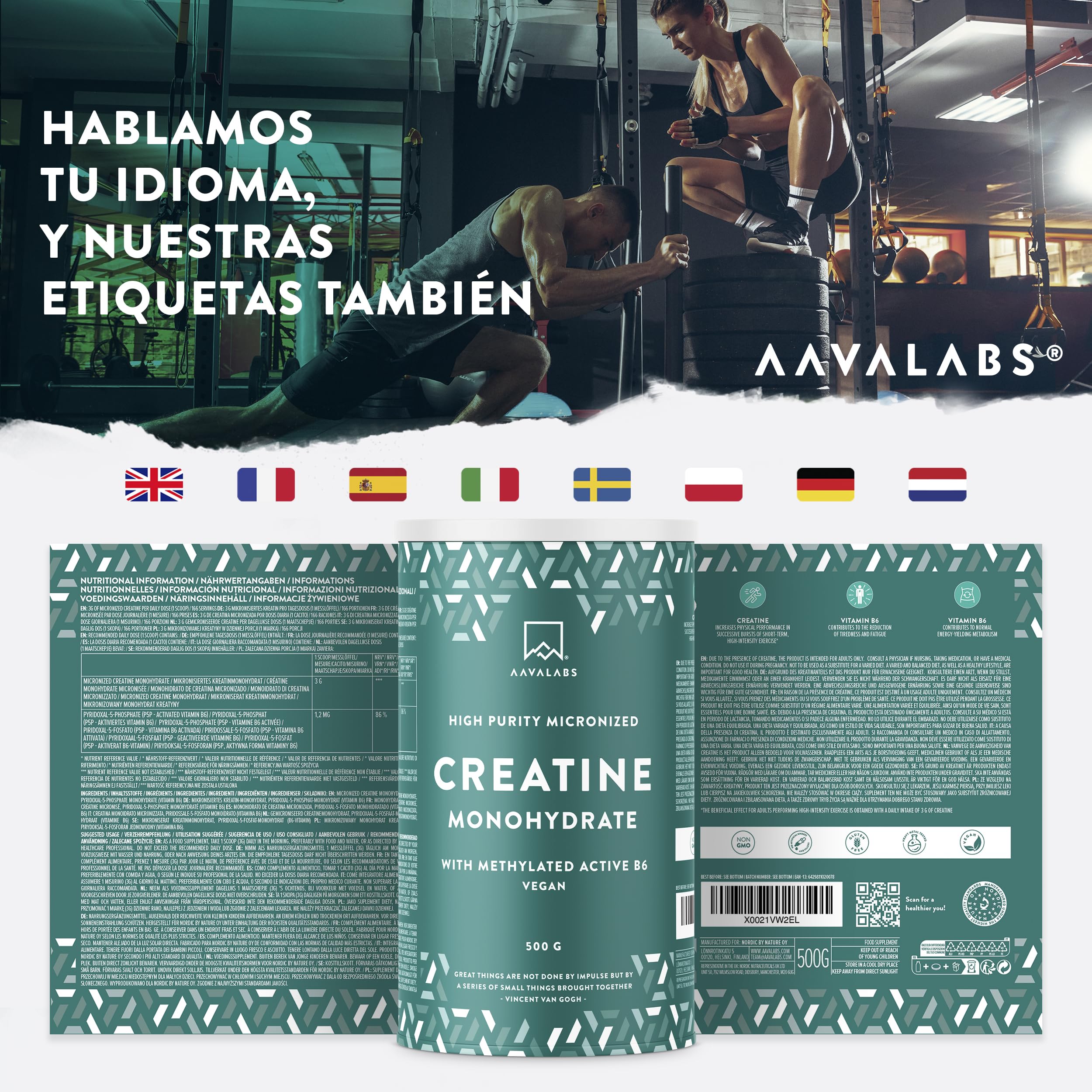 Creatina Monohidratada Micronizada en Polvo 500g -166 Porciones Creatina Vegana-Creatina Monohidrato Pre Entreno y Post Entrenamiento-Creatine Monohydrate con Vitamina B6 - Creatina en Polvo sin Sabor