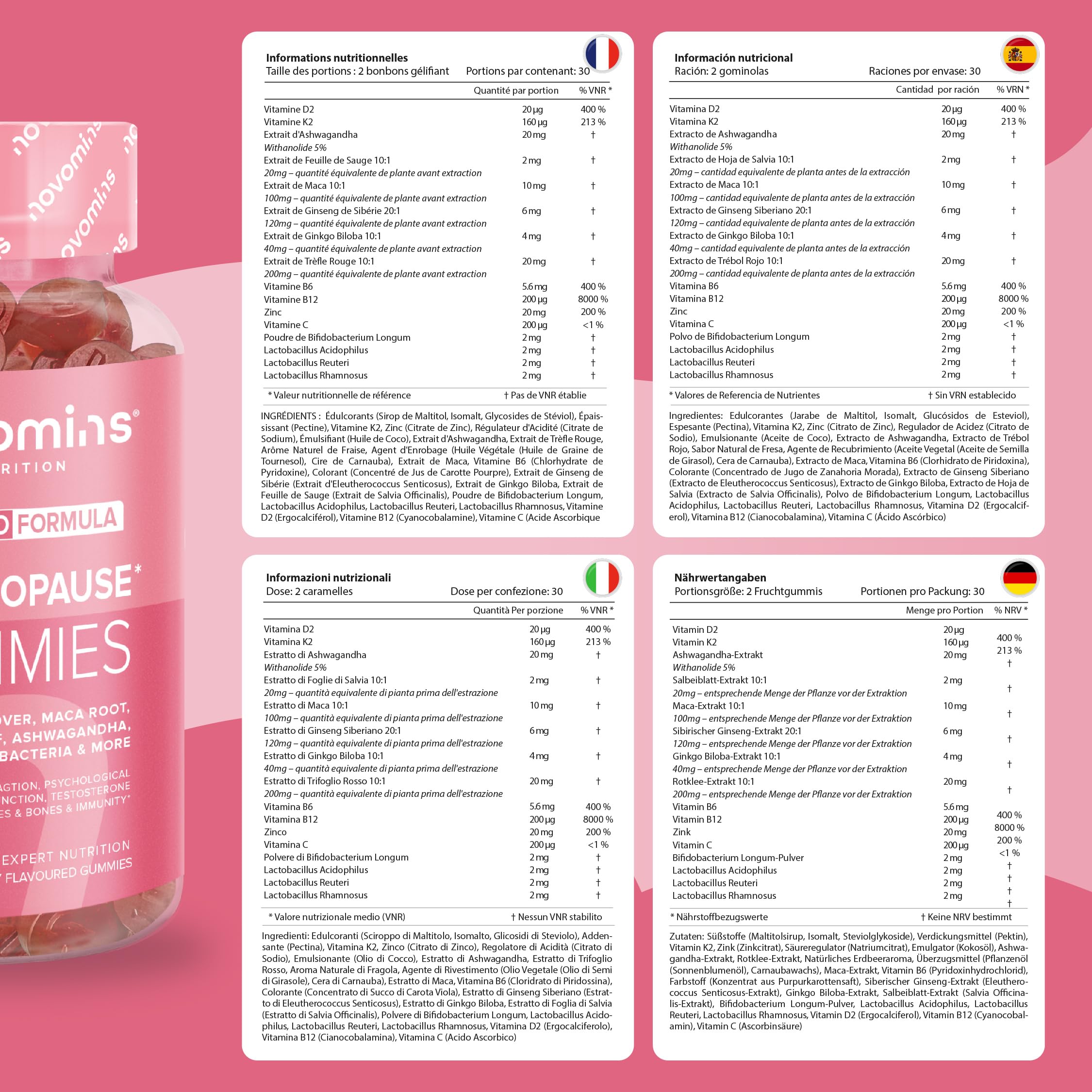 Perimenopausia Suplemento - 60 Gominolas - con Maca, Trébol Rojo, Salvia, Probioticos, Ashwagandha - para la Perimenopausia y Menopausia - Sin Azúcar - Equilibrio Hormonal para la Mujer - Novomins
