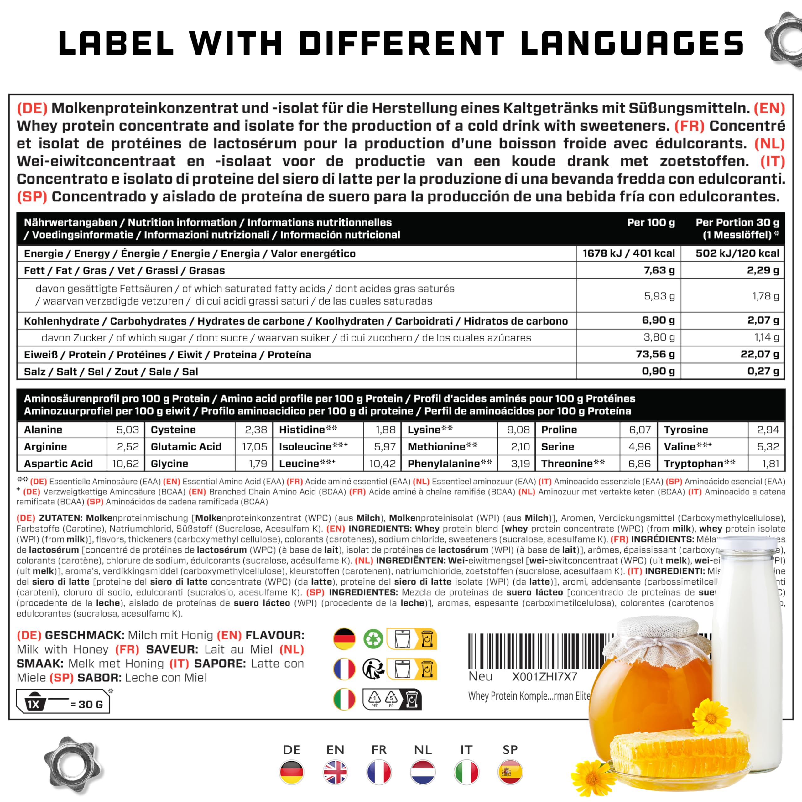 Whey Protein Complex - 1000 g (Leche con miel) - Con contenido de aislado - Polvo de proteína soluble instantánea con BCAA y EAA - German Elite Nutrition