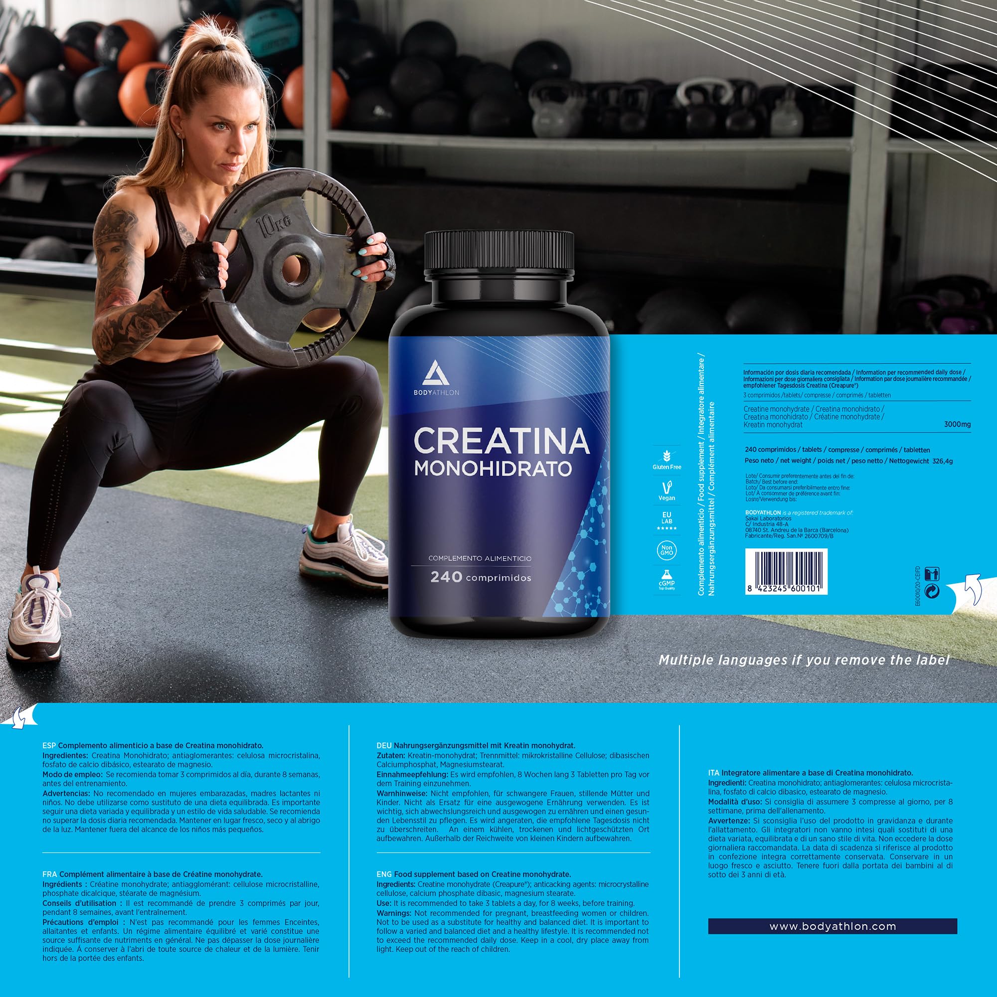 Bodyathlon- Creatina Monohidratada 240 comprimidos- Creatina pura 3000mg-Monohidrato de creatina-Aumenta tu masa muscular, fuerza y resistencia- creatina monohidratada sin gluten sabor neutro- Vegano