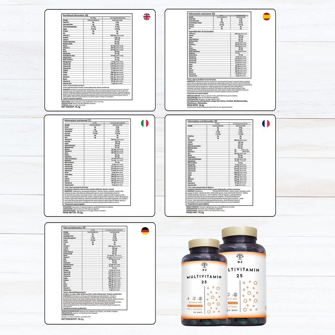Multivitaminas y Minerales, 200% Dosis Diaria, Complejo Vitamínico Completo. Magnesio, Vitamina C, Vitamina D, Zinc, B1, B6, B12 y más vitaminas para el cansancio, 90 Cápsulas. N2 Natural Nutrition EU