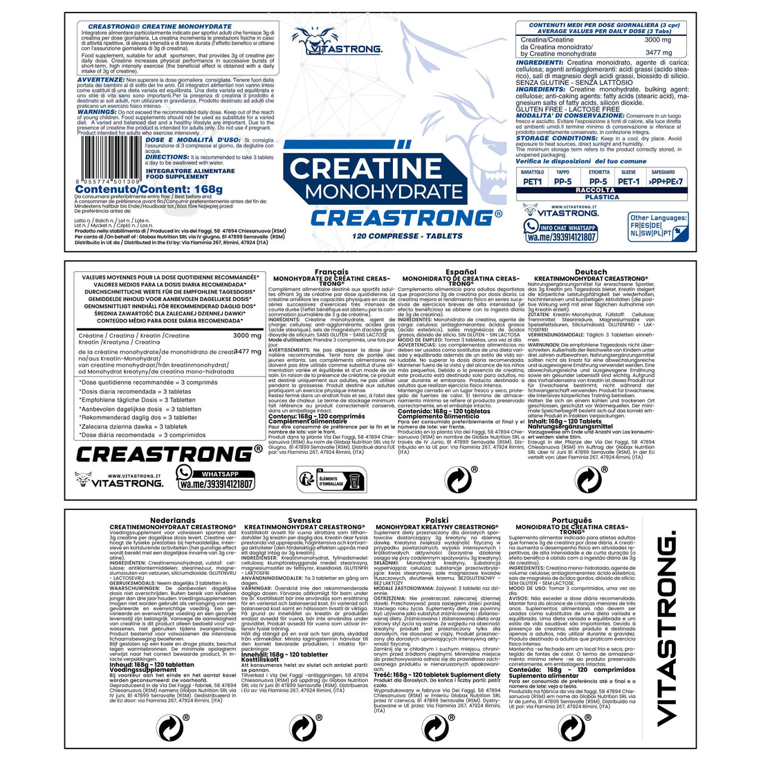 Creatina Monohidratada 3000mg CreaStrong Vegan, Creatina Monohidrato Comprimidos Vitastrong Alta Potencia, Suplementos Deportivos Pre y Post Workout, Monohidrato de Creatina para Fuerza y Resistencia