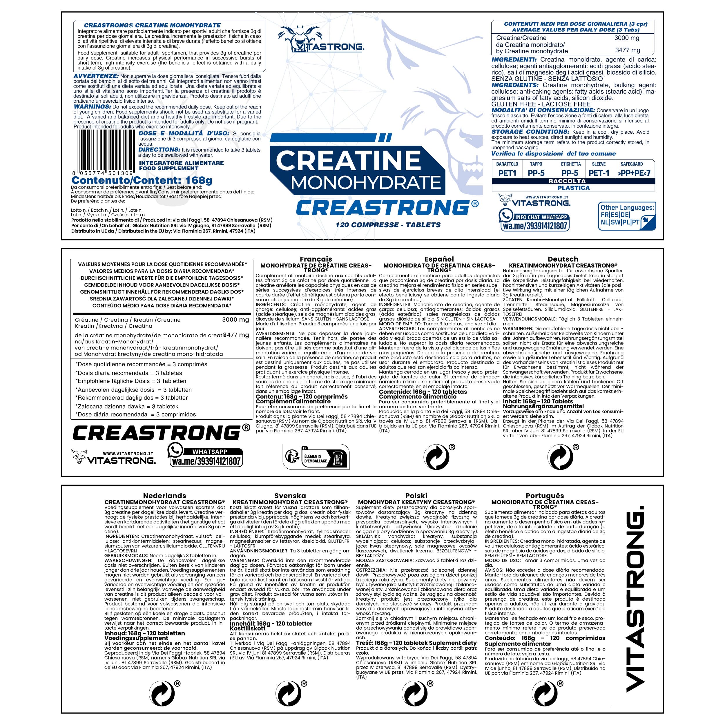 Creatina Monohidratada 3000mg CreaStrong Vegan, Creatina Monohidrato Comprimidos Vitastrong Alta Potencia, Suplementos Deportivos Pre y Post Workout, Monohidrato de Creatina para Fuerza y Resistencia